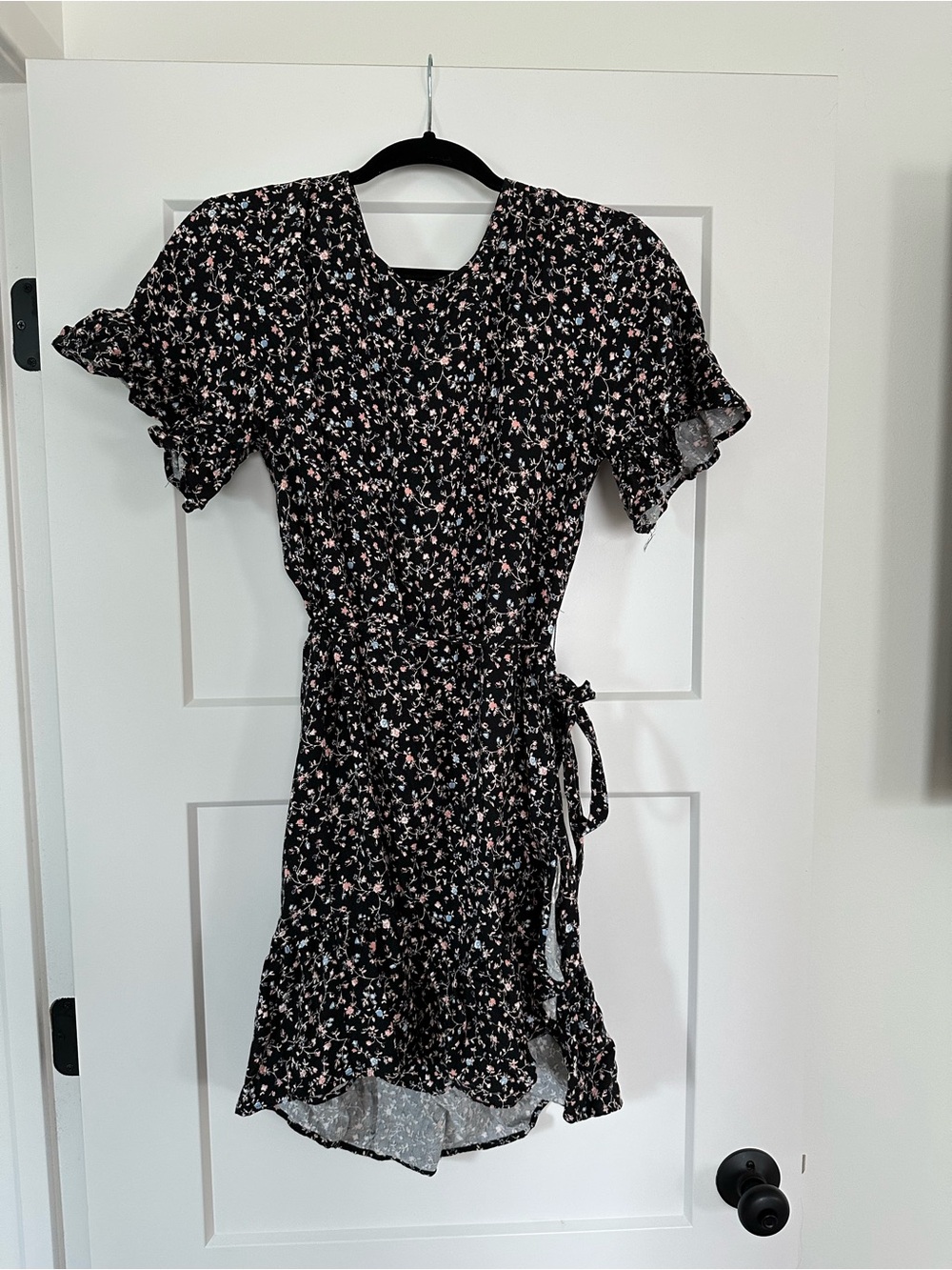 Maurices Black Floral Tie-Waist Mini Dress
